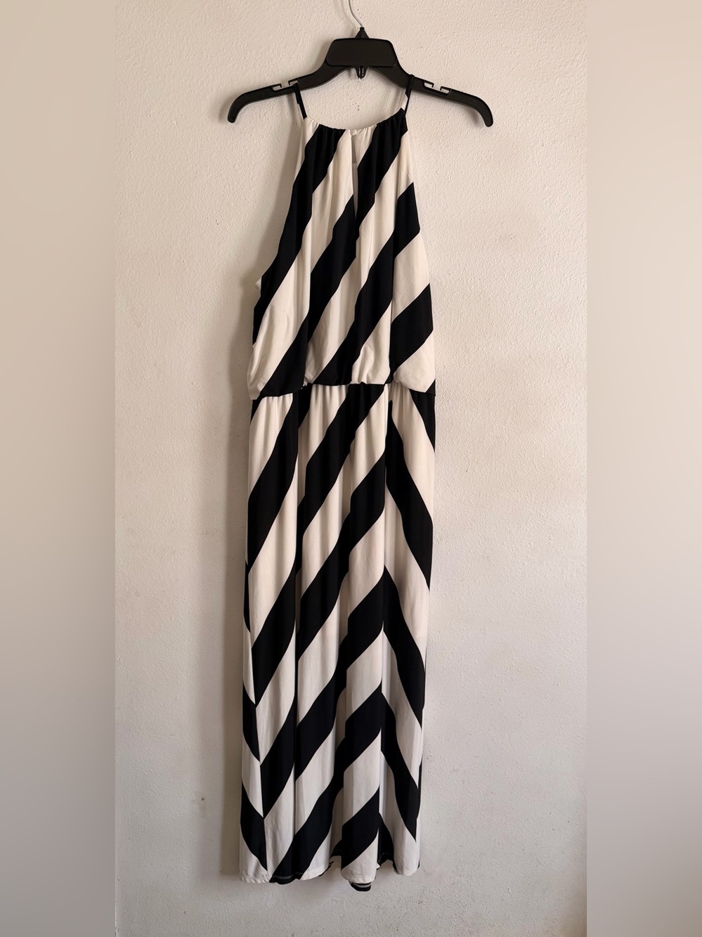 London Times Black & White Diagonal Stripe Halter Maxi Dress